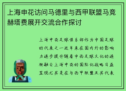 上海申花访问马德里与西甲联盟马竞赫塔费展开交流合作探讨